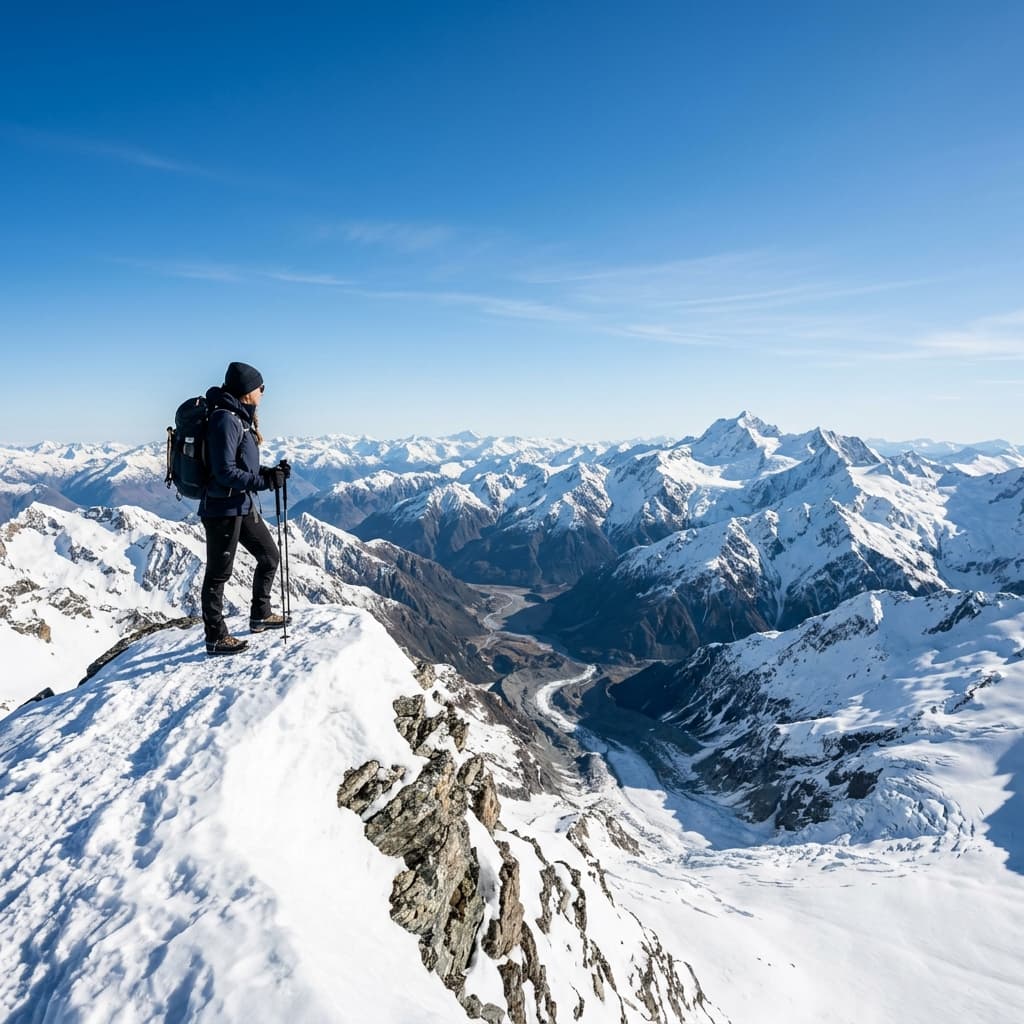 Hiker in Snowy Mountains