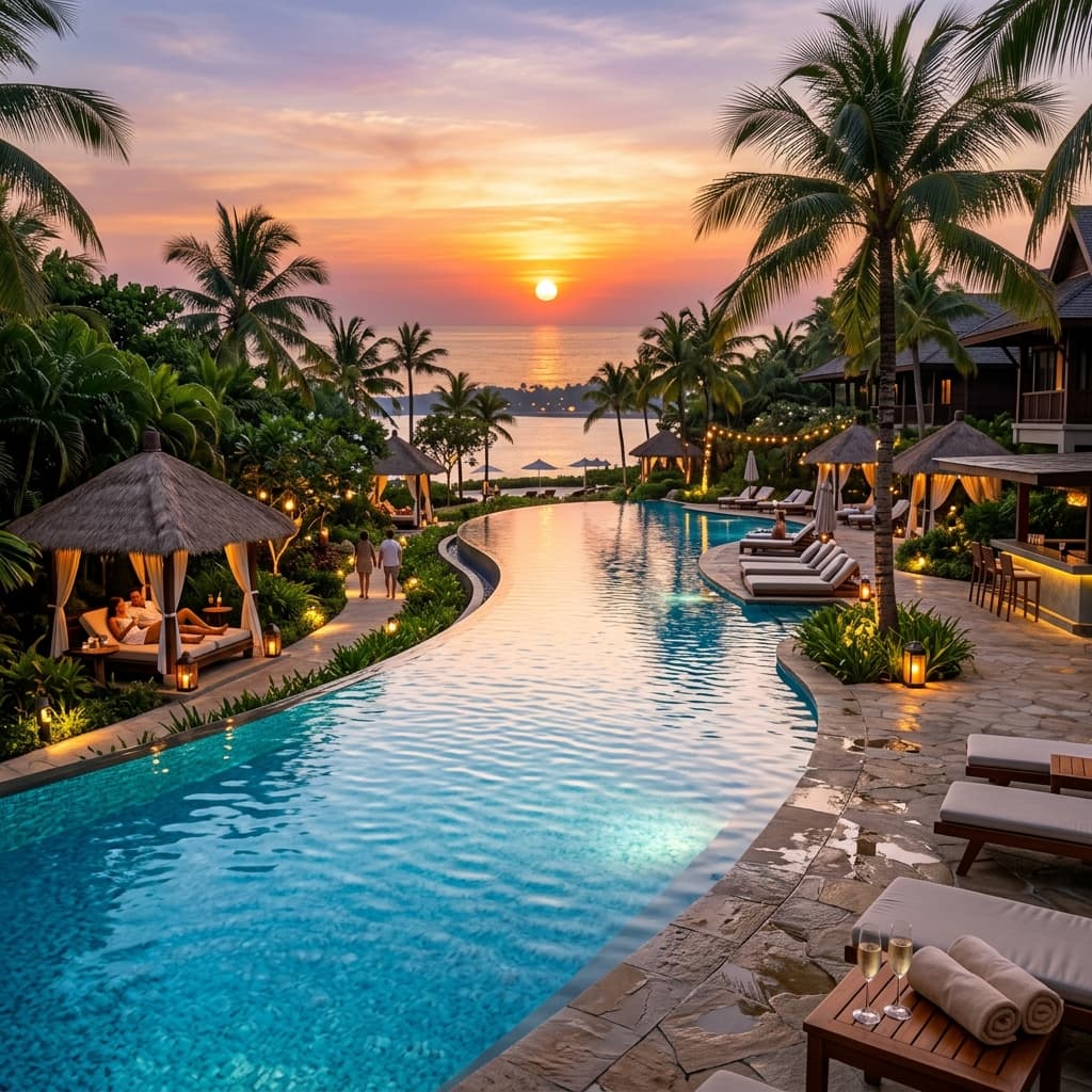 Beautiful high-end resort swimming pool at sunset