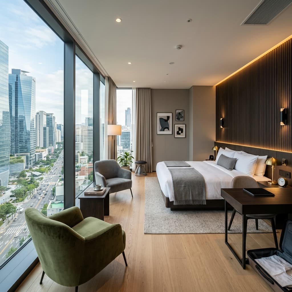 Modern boutique hotel room interior with a large window