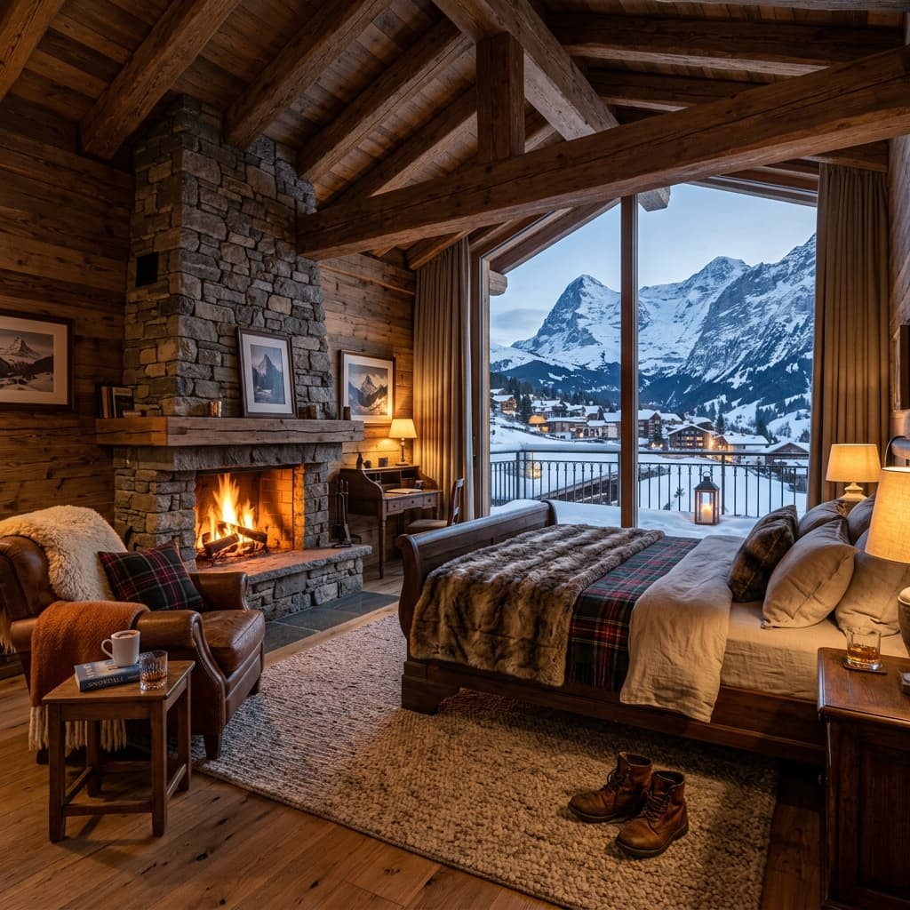 Cozy luxury ski lodge hotel room with a roaring fireplace